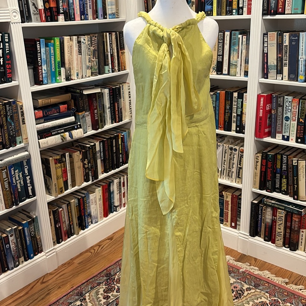 Soft Surroundings Lime green Linen Maxi Dress with Halter neckline   NWOT